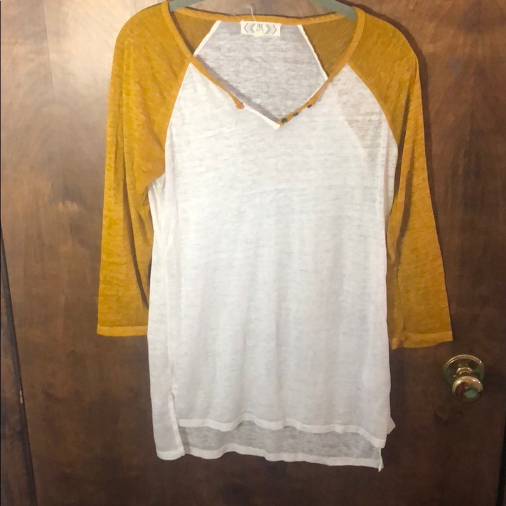 mustard and white baseball tee